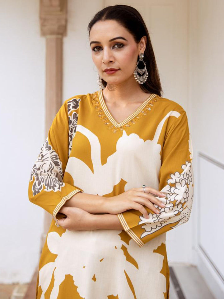 Indo Era Floral Printed V-Neck A-Line Kurta With Salwar