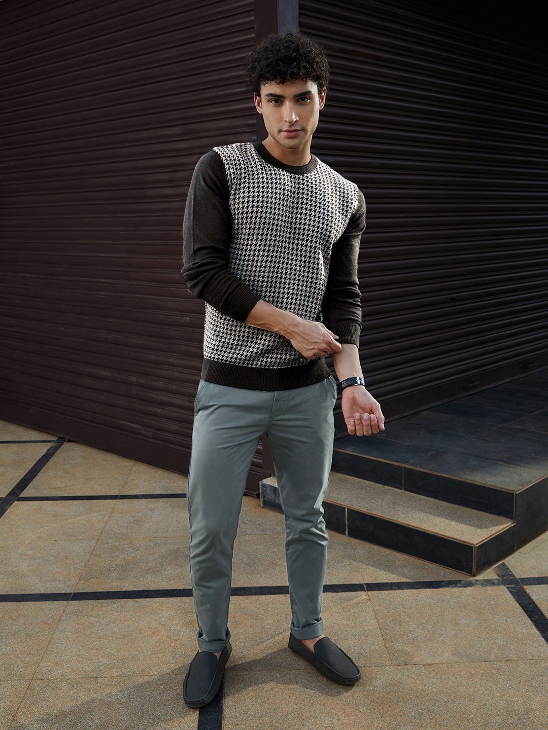 Raymond Men Black & Grey Self-Design Round-Neck Pullover Sweater