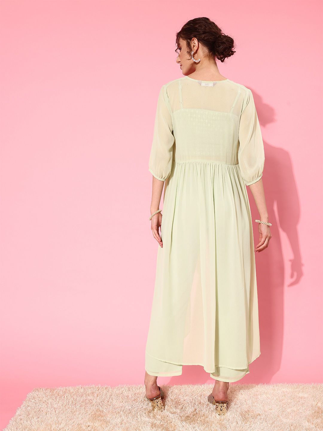 Libas Green Crop Top With Trousers & Shrug