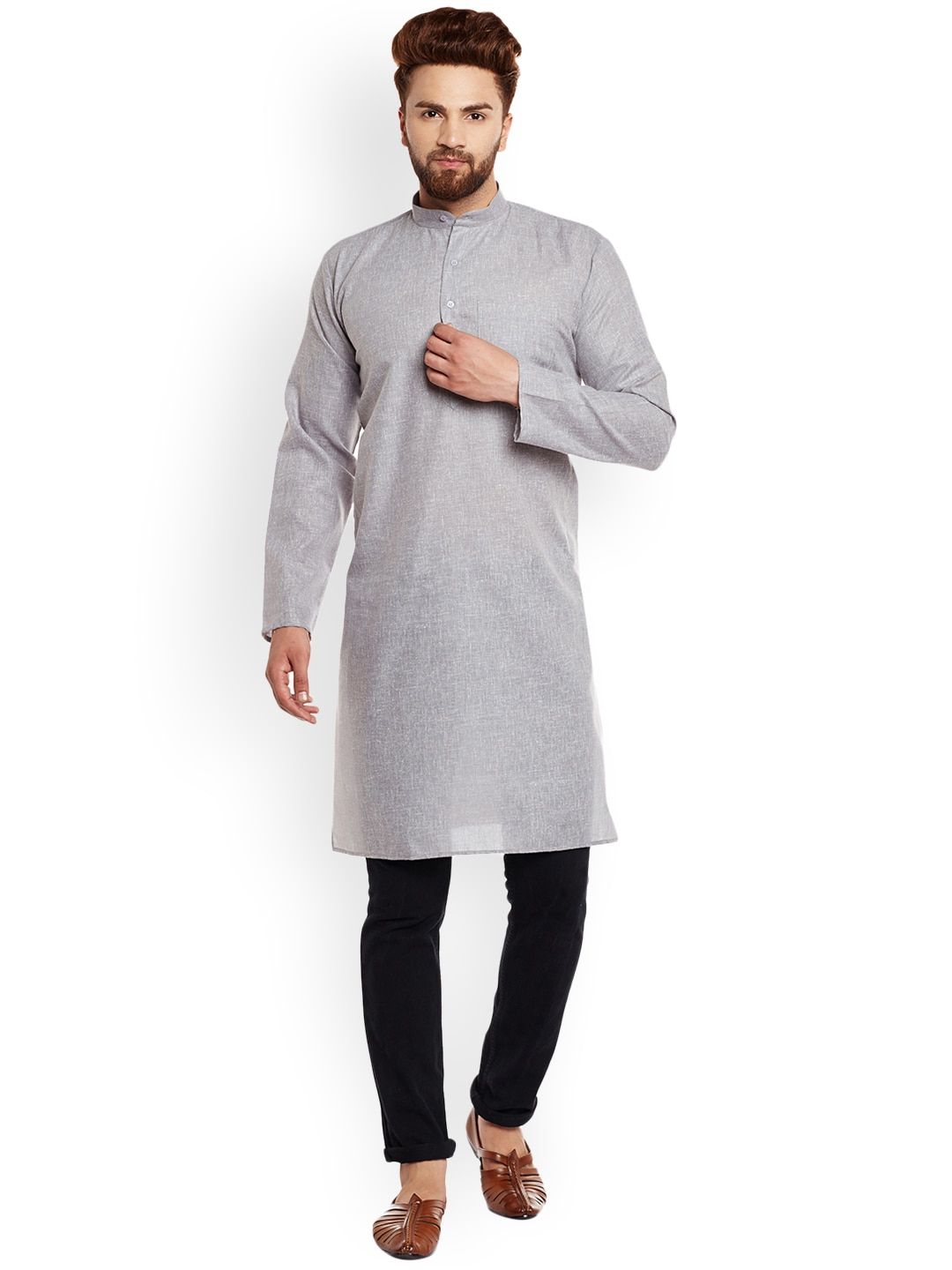 SOJANYA Men Grey Solid Straight Kurta