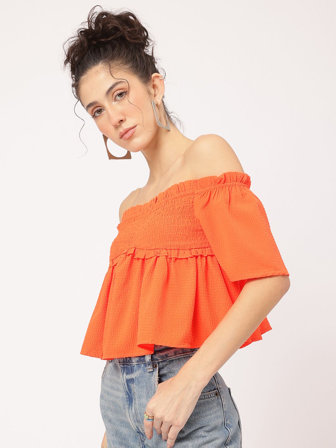 DressBerry Seersucker Chic Ruffled Smocked Bardot Top