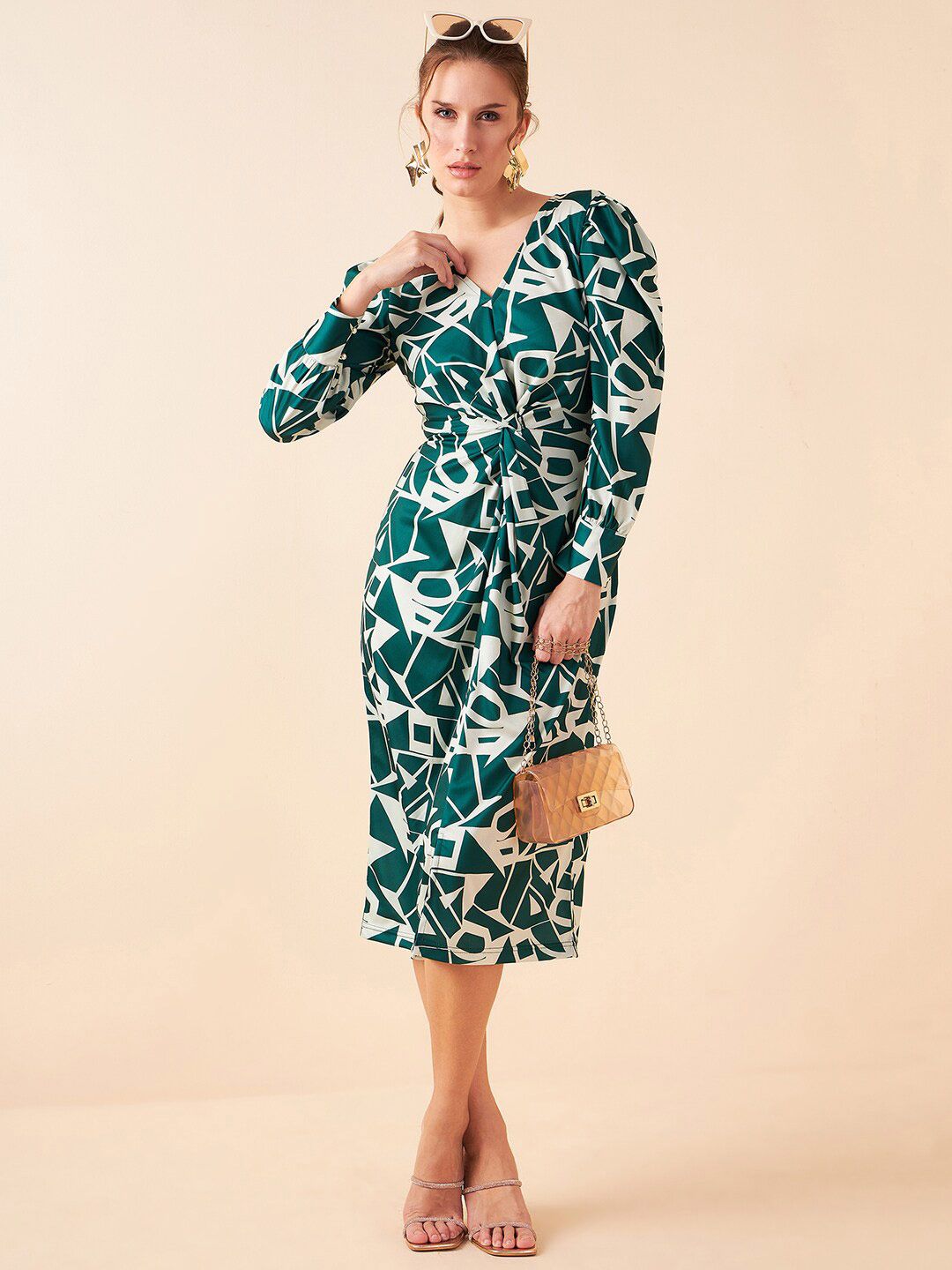 Antheaa Green Geometric Printed V-Neck Sheath Midi Dress
