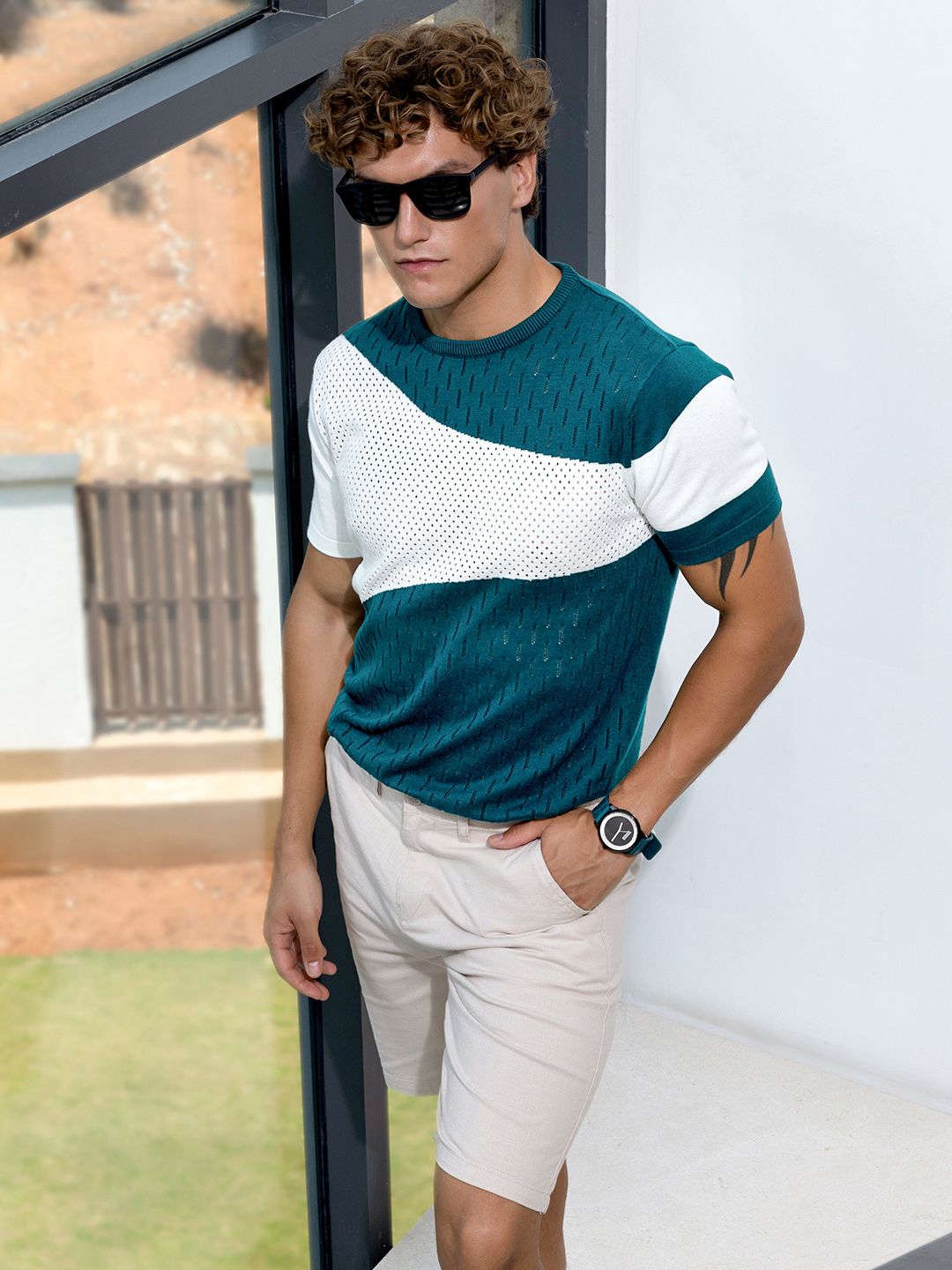 The Indian Garage Co Men Flat Knit Slim Fit Textured T-Shirt