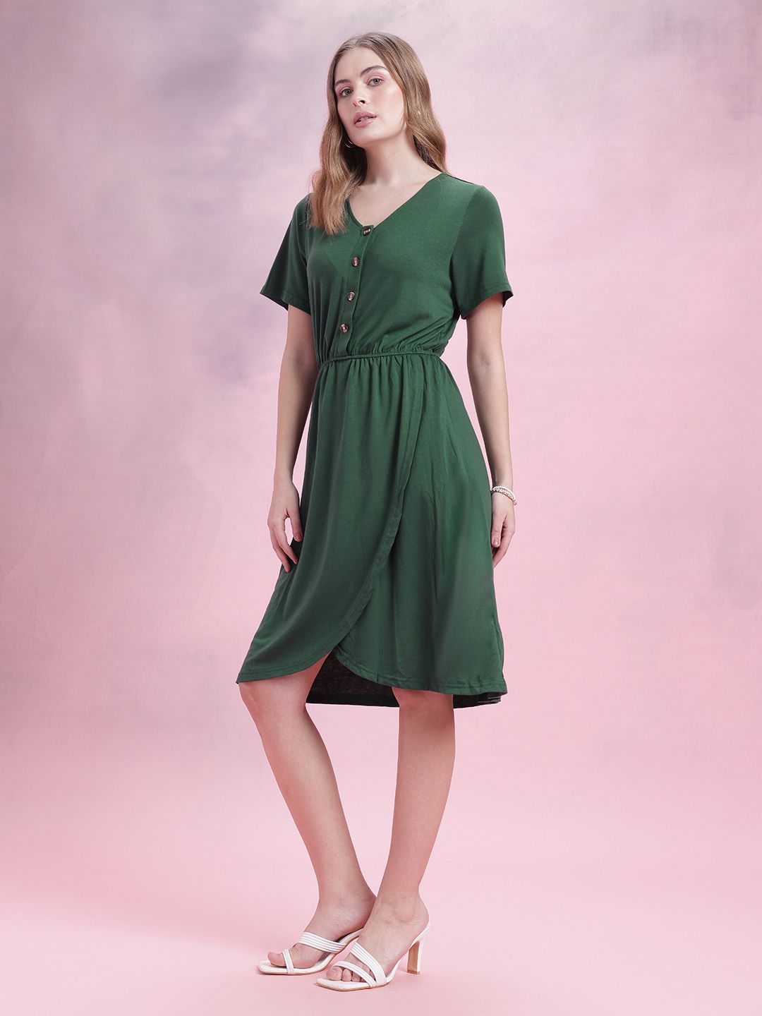 DressBerry Gathered Detail Tulip Hem Buttoned A-Line Dress