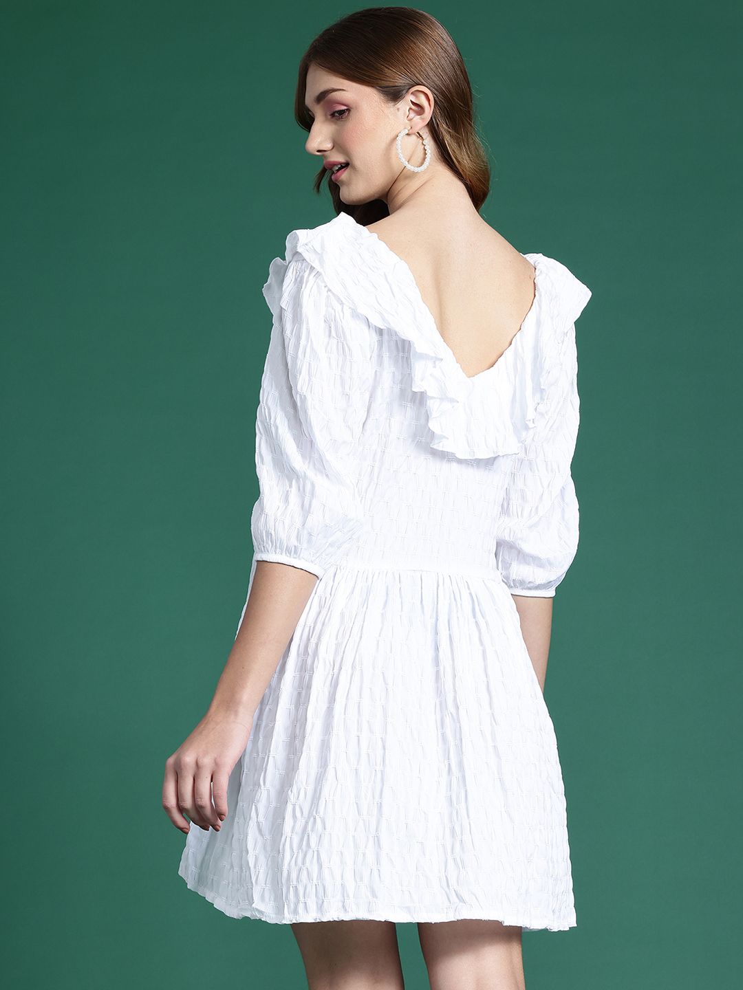DressBerry Embroidered Puff Sleeve Ruffled Fit & Flare Dress