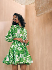 Pink Paprika by SASSAFRAS Green Tropical Printed Belted Shirt Dress