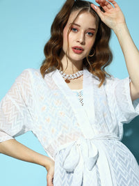 Berrylush Women Classic White Printed Sheer Shrug
