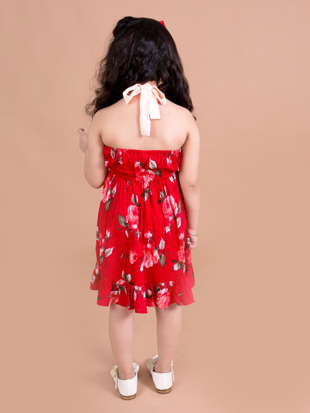 pspeaches Girls Red Floral Halter Neck Dress