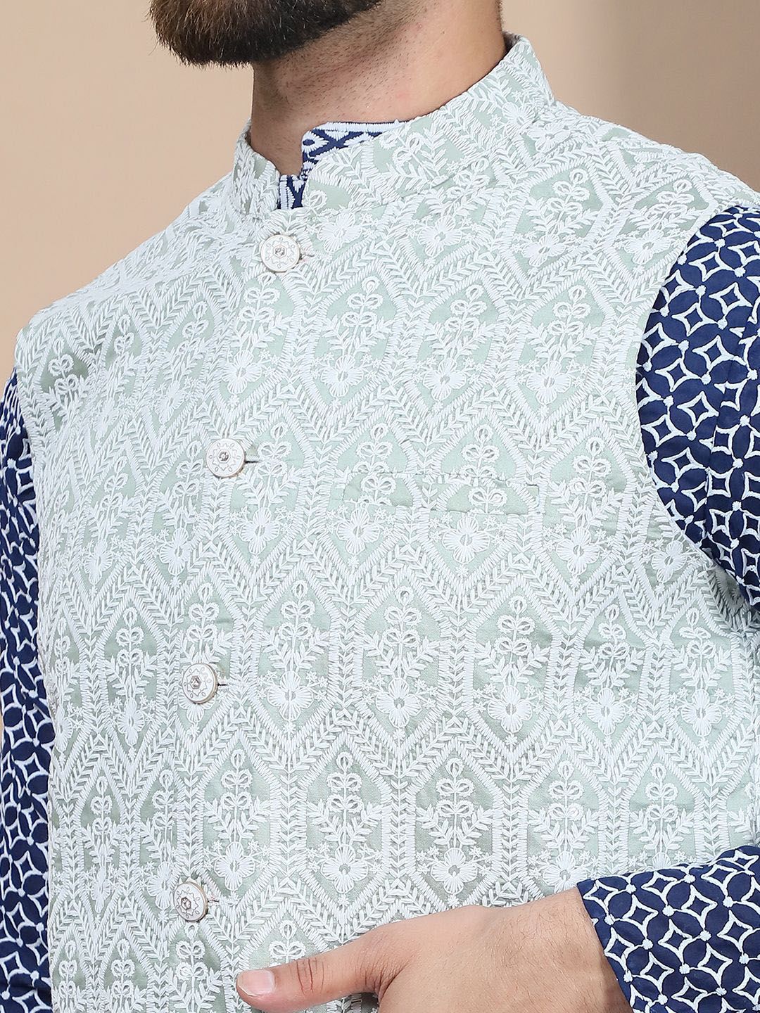 Anouk Navy Blue Floral Embroidered Pure Cotton Straight Kurta With Churidar & Nehru Jacket