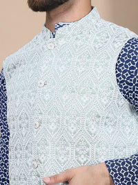 Anouk Navy Blue Floral Embroidered Pure Cotton Straight Kurta With Churidar & Nehru Jacket