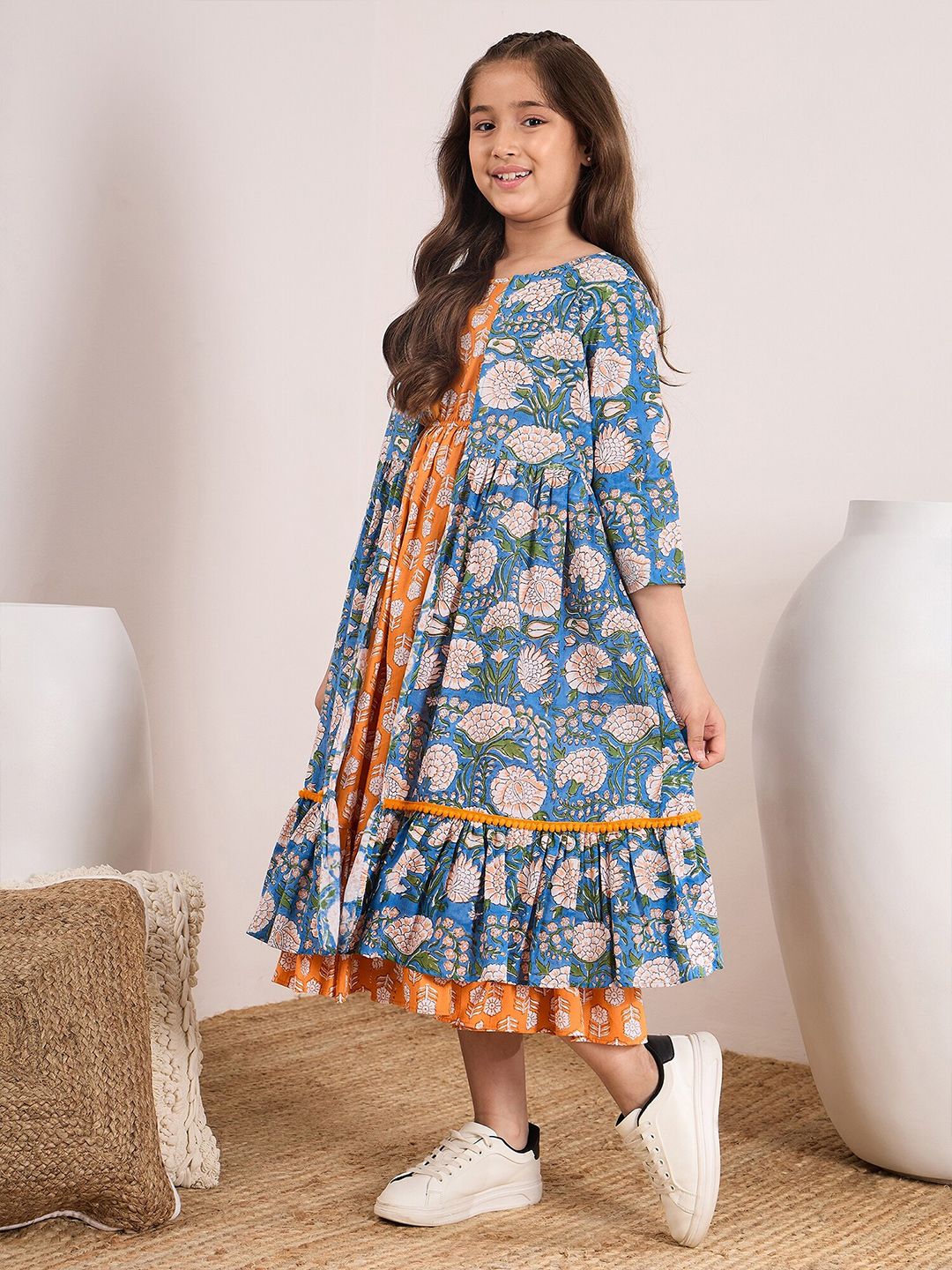 pspeaches Girls Floral Printed Cotton Fit and Flare Midi Dress