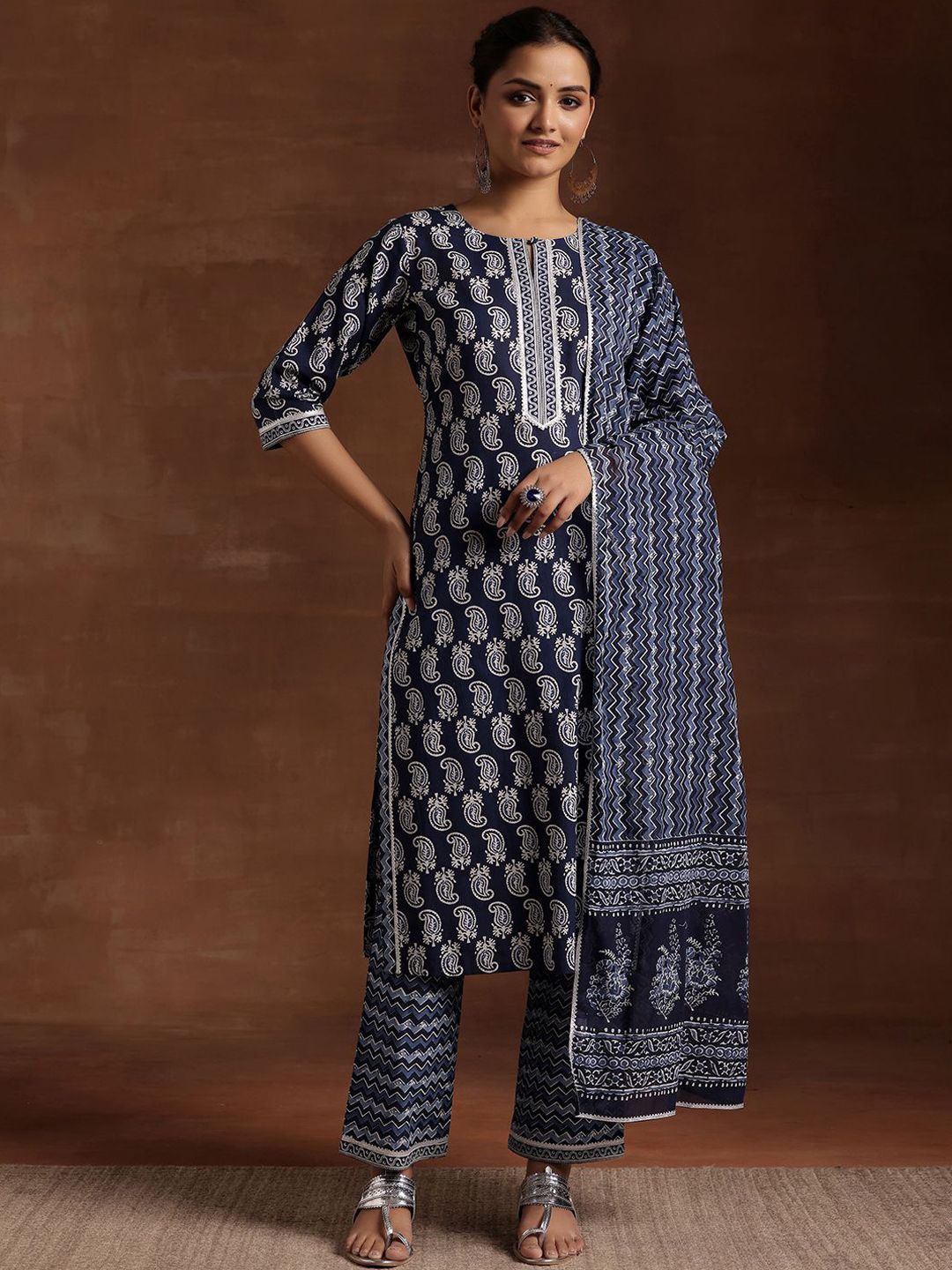 Libas Printed Regular Gotta Patti Pure Cotton Straight Kurta with Trousers & Dupatta