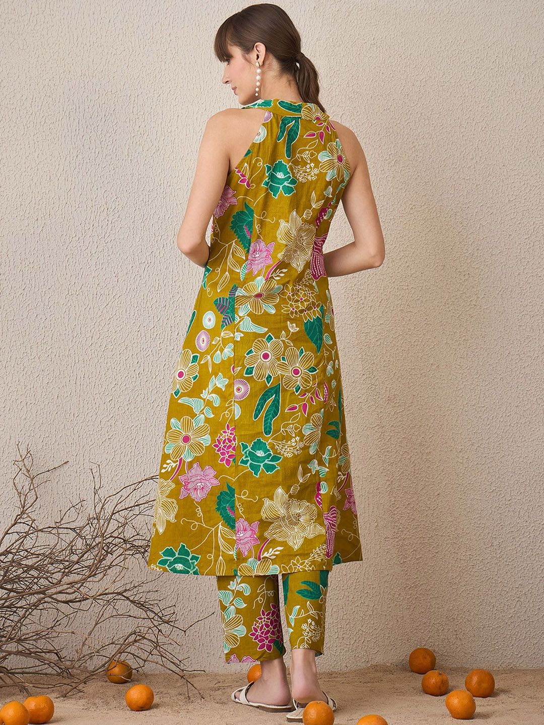 Indo Era Floral Printed V-Neck Pure Cotton A-Line Tunic With Trouser