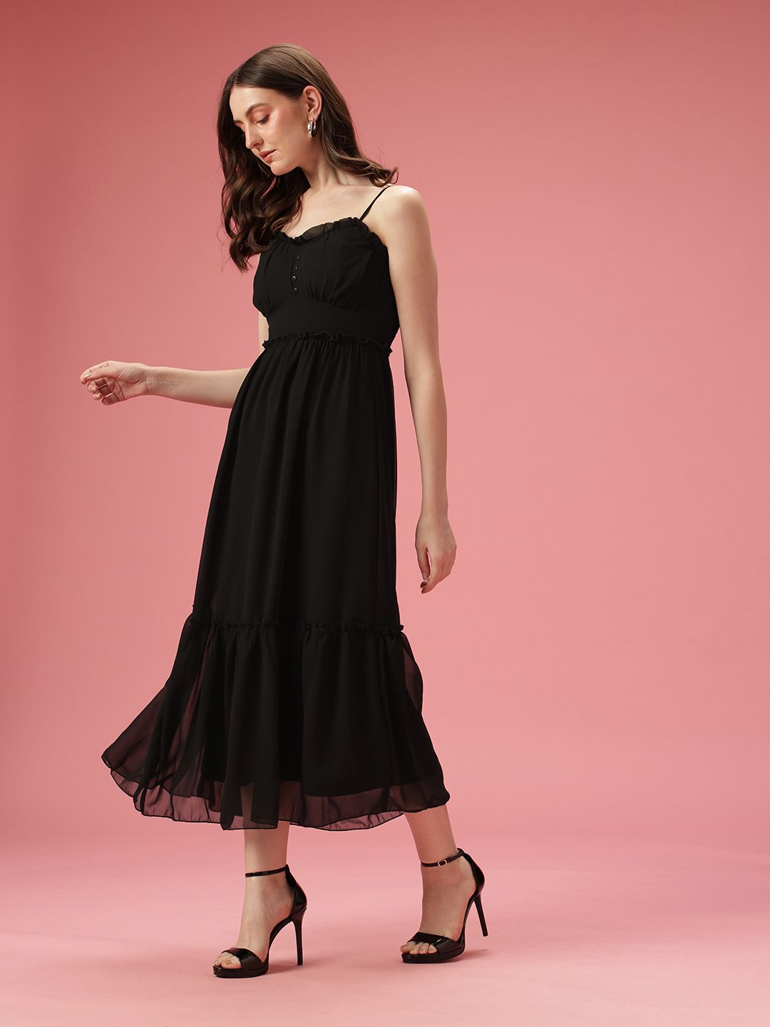 DressBerry Shoulder Straps A-Line Tiered Midi Dress