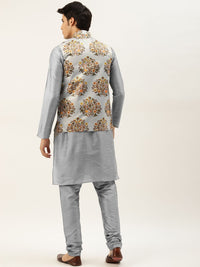 SOJANYA Men Grey Solid Kurta Set With Printed Jacket