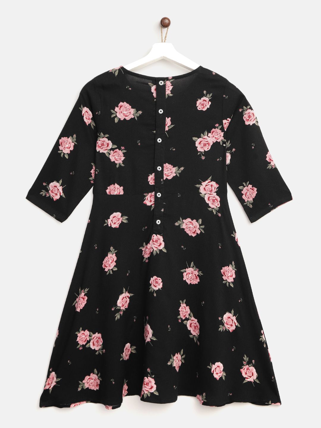 YK Girls Black & Pink Floral Print Fit & Flare Dress