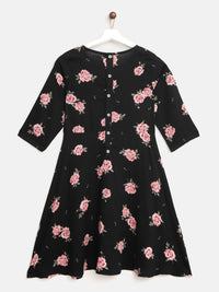 YK Girls Black & Pink Floral Print Fit & Flare Dress