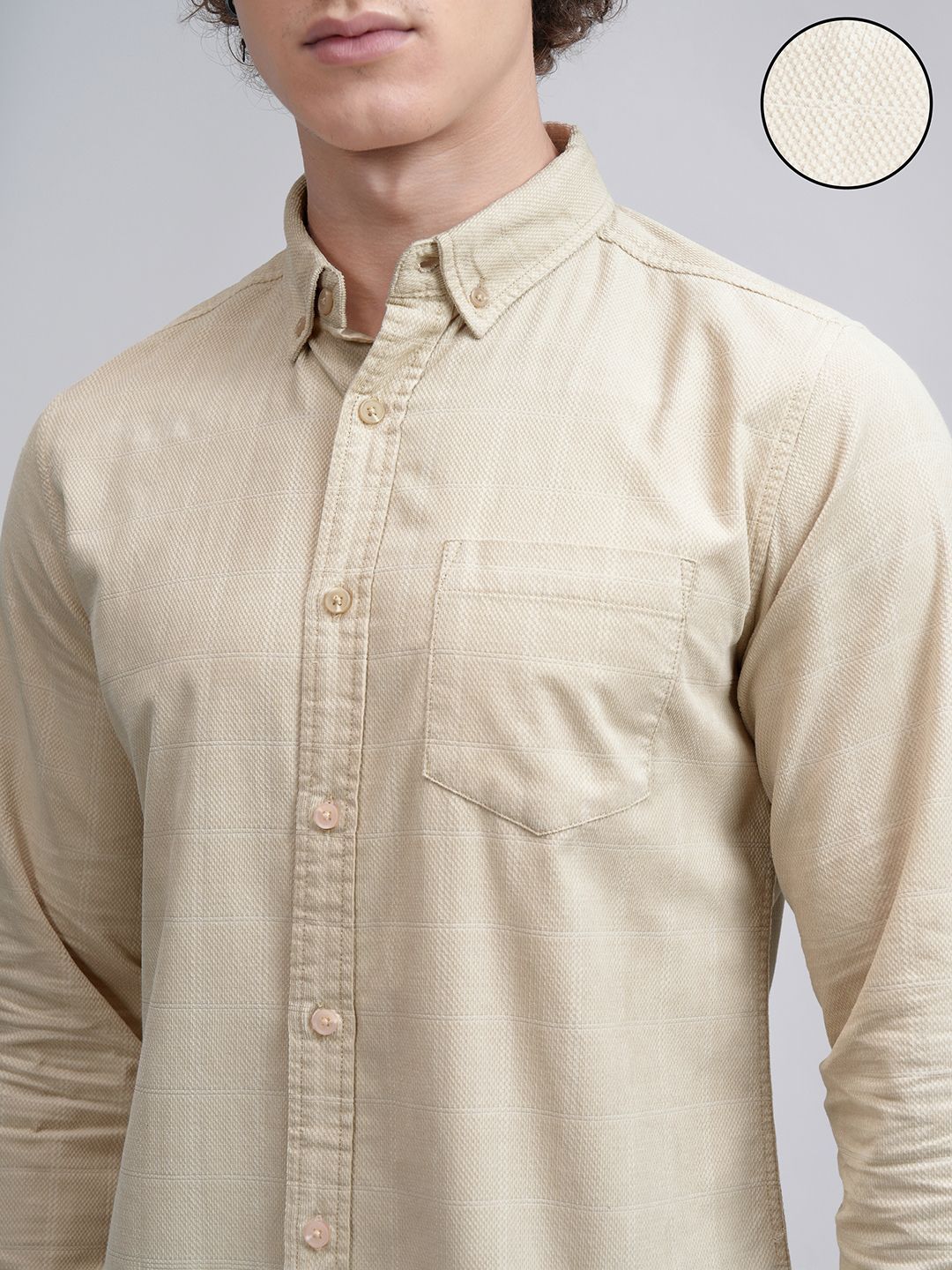 HIGHLANDER Men Button-Down Collar Textured Cotton Slim Fit Casual Shirt