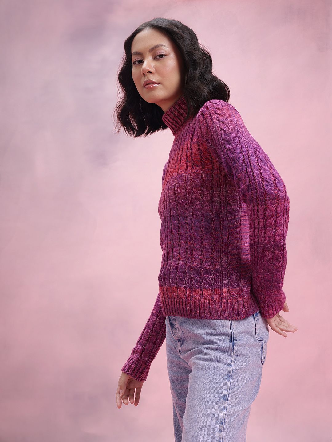 DressBerry Turtle Neck Cable Knit Design Acrylic Pullover
