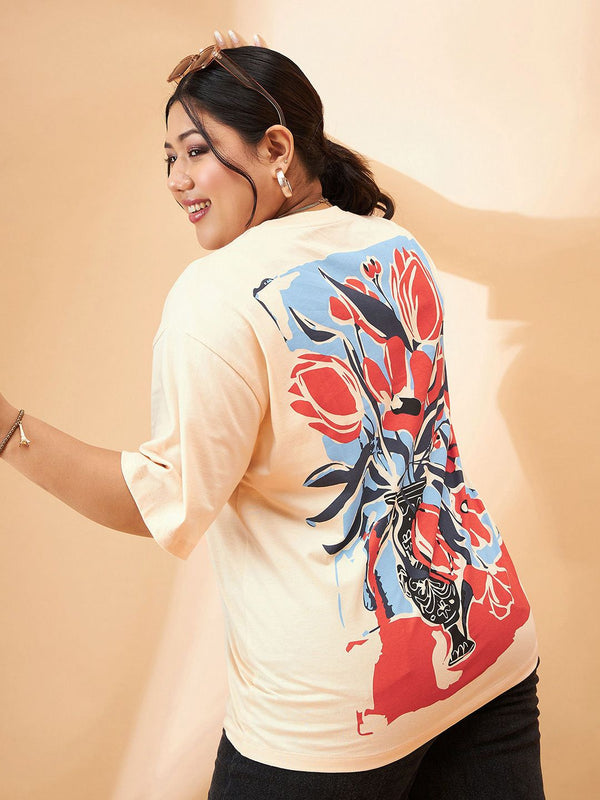 SASSAFRAS Curve Plus Size Floral Printed Pure Cotton Relaxed Fit T-shirt