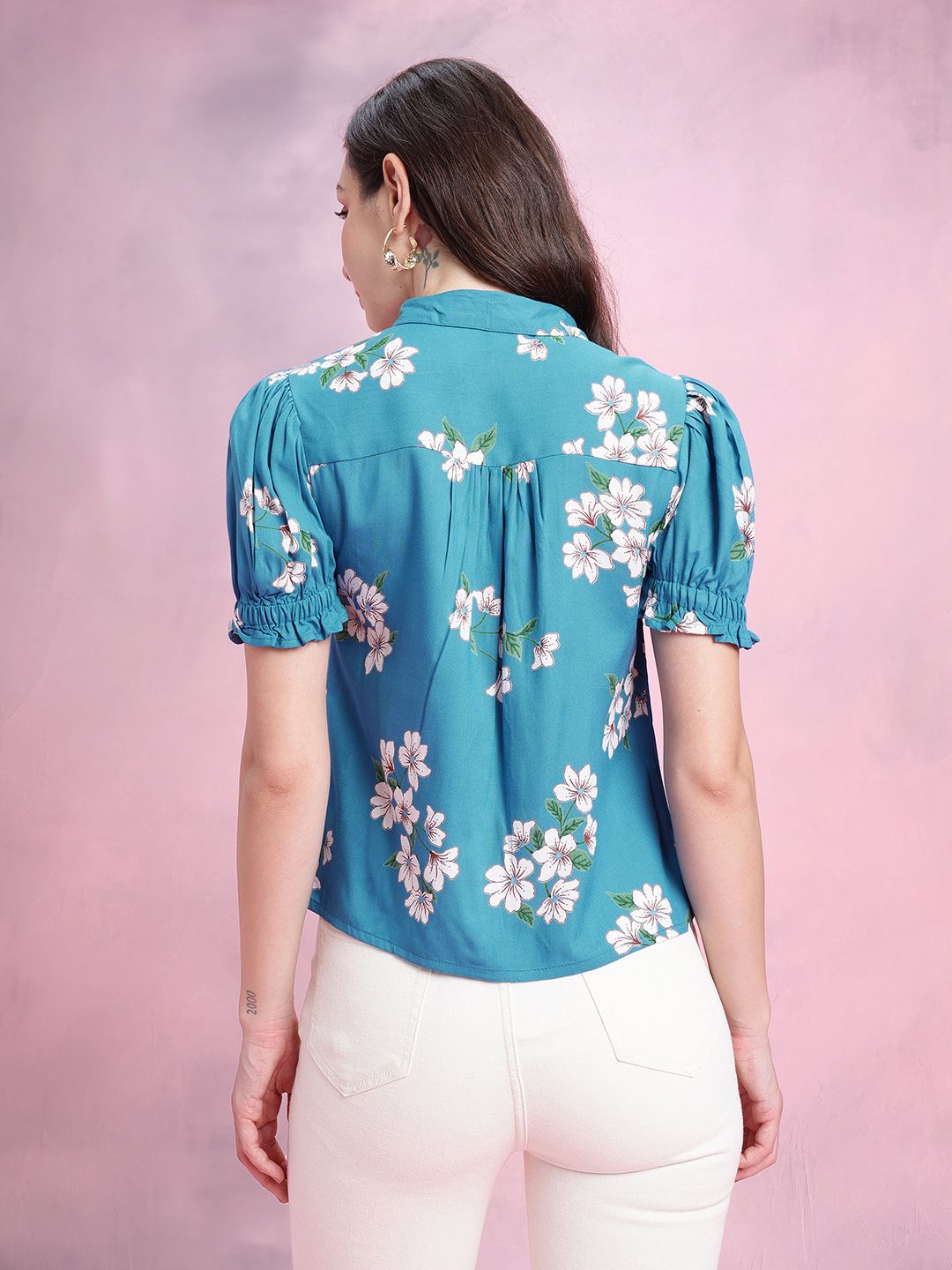 DressBerry Floral Print Puff Sleeves Shirt Style Top