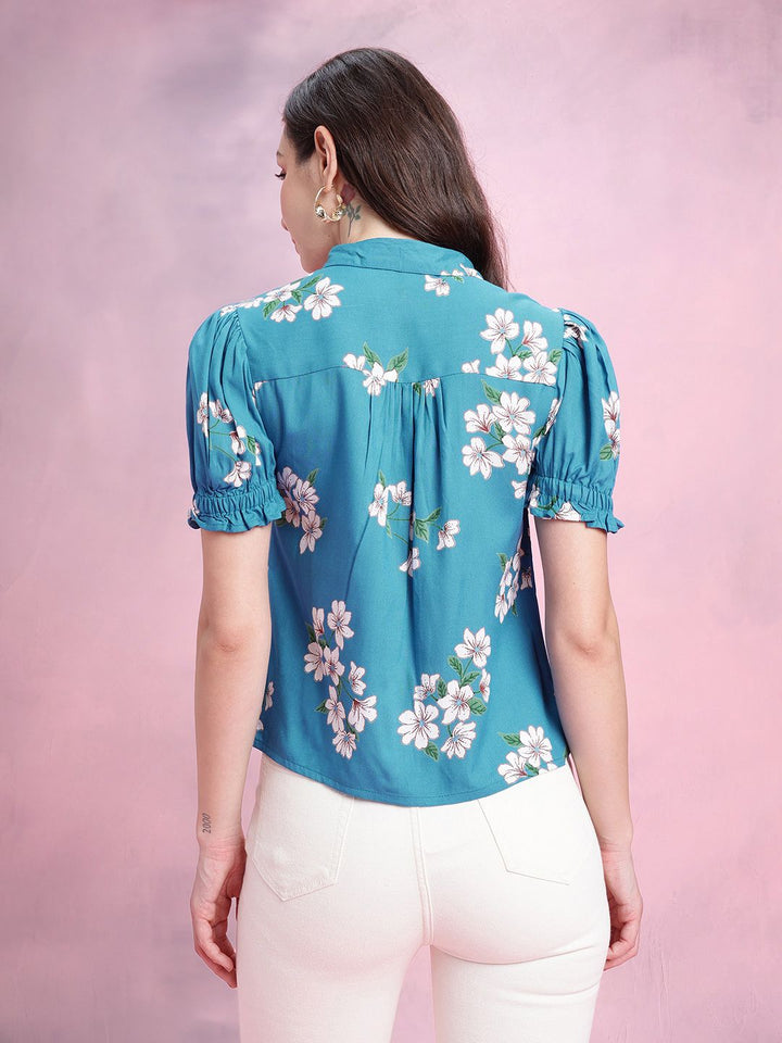 DressBerry Floral Print Puff Sleeves Shirt Style Top