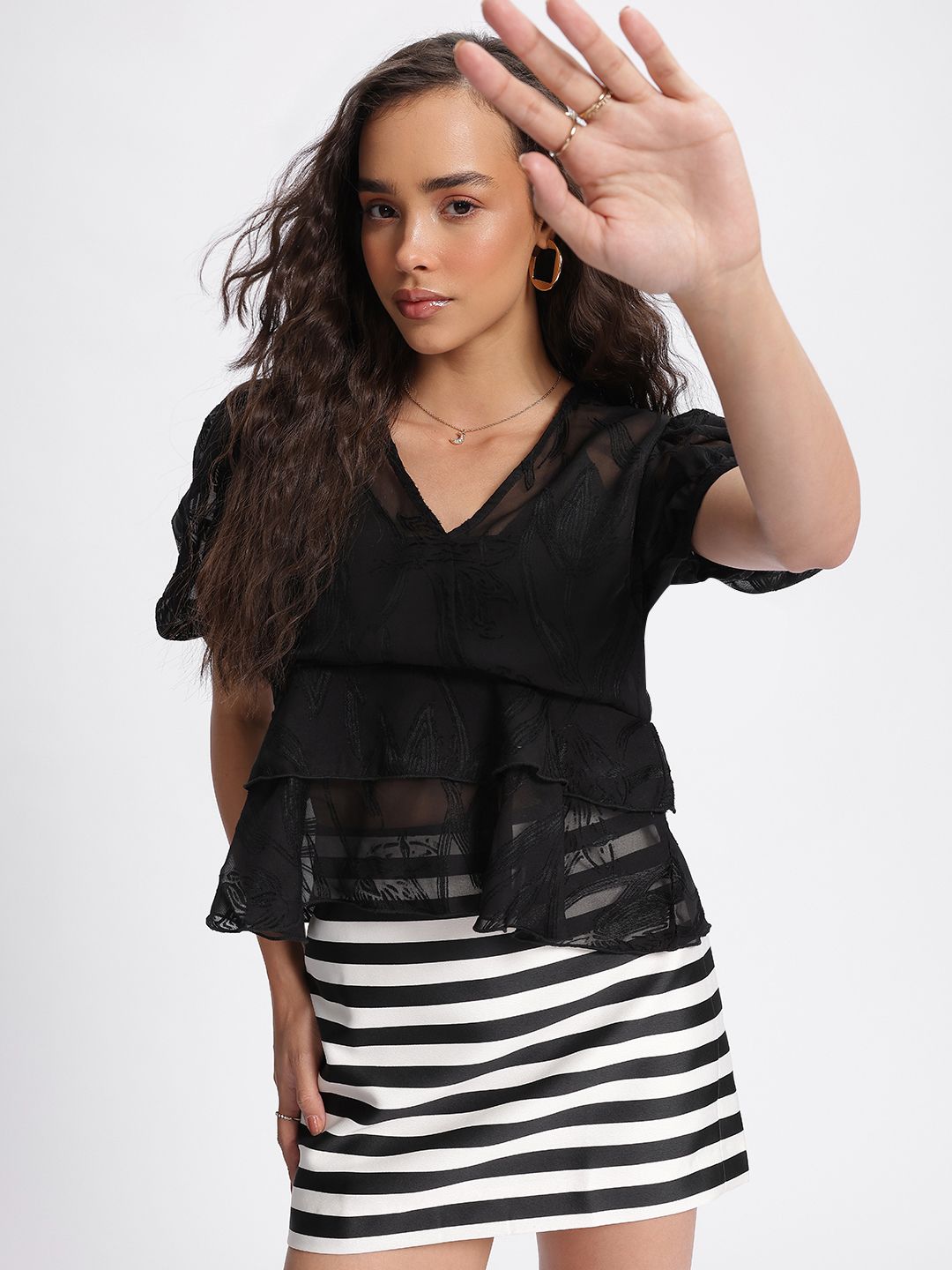 DressBerry Floral V-Neck Semi Sheer Crop Top