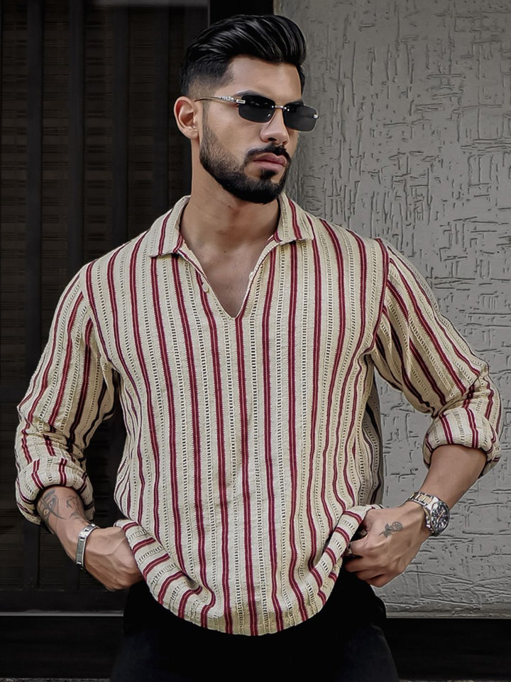 Powerlook Men Spread Collar Vertical Striped Casual Shirt