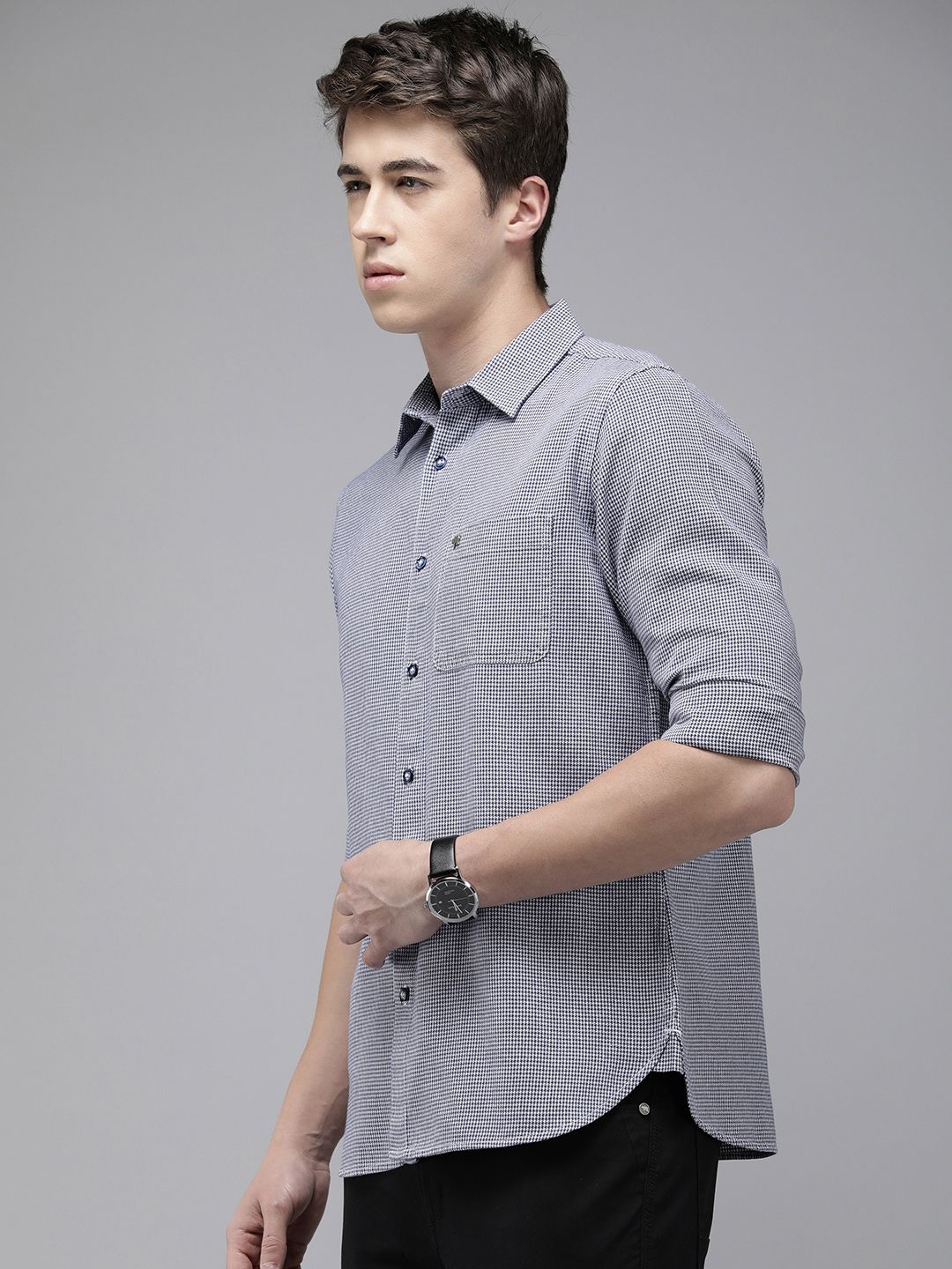 THE BEAR HOUSE Men Slim Fit Houndstooth Checked Pure Cotton Casual Shirt