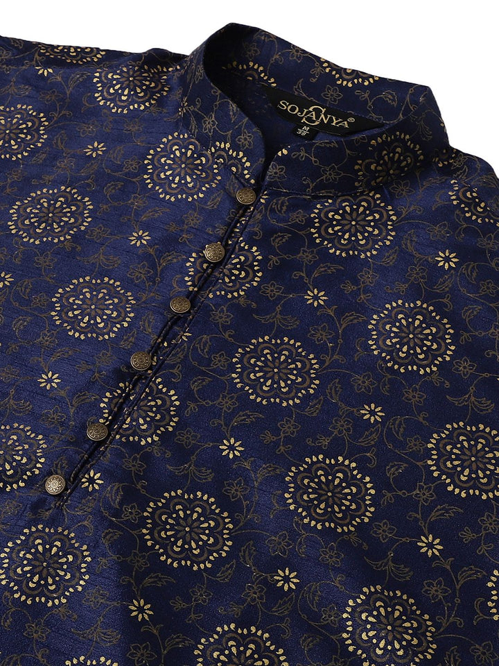 SOJANYA Men Navy Blue & Golden Ethnic Motifs Printed Indigo Kurta