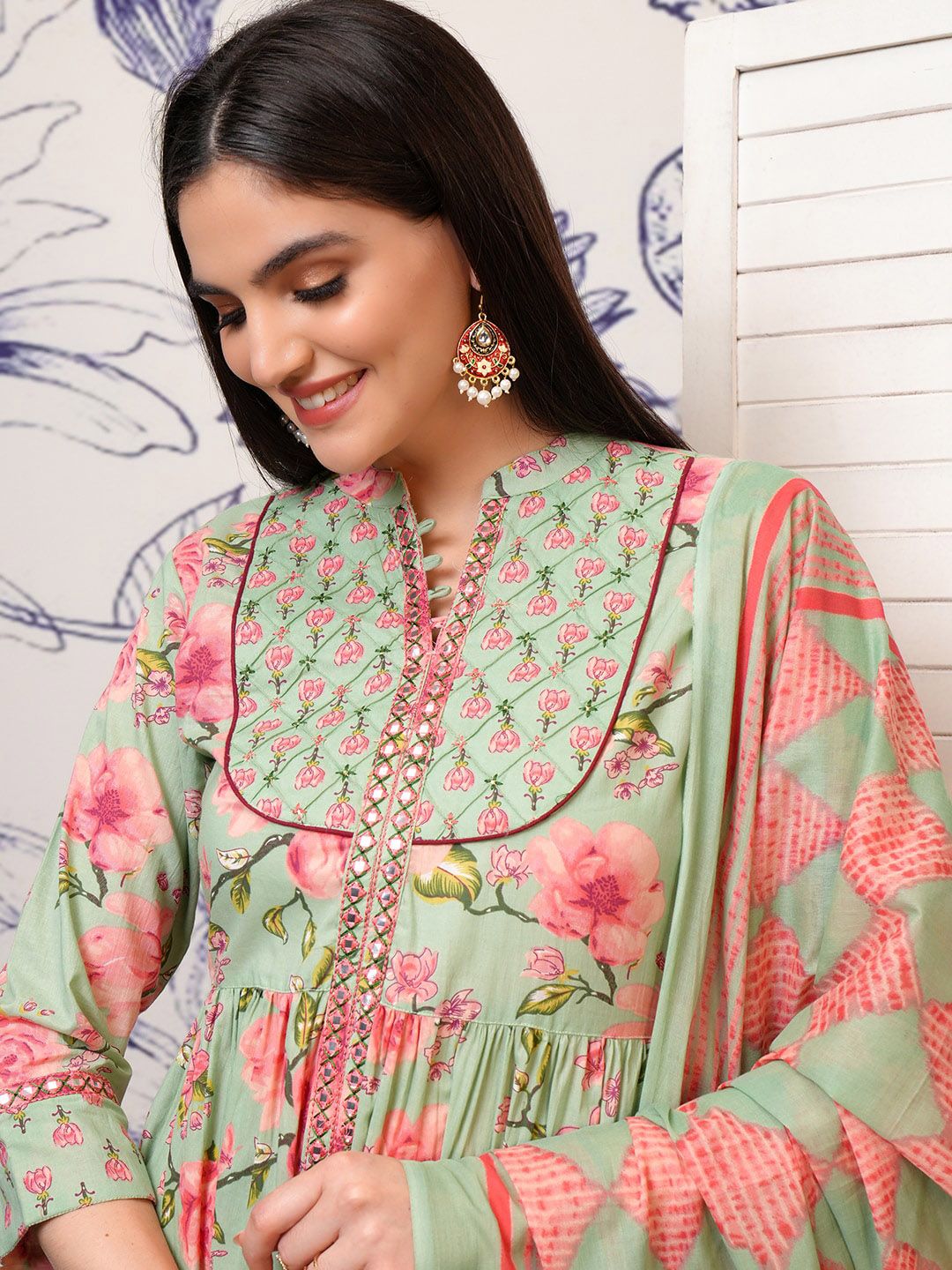 Vishudh Green Floral Printed Mirror Work Pure Cotton Kurta With Trousers & Dupatta