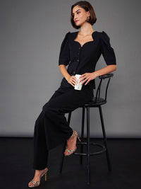SASSAFRAS worklyf Black Sweetheart Neck Puff Sleeves Top & Trousers