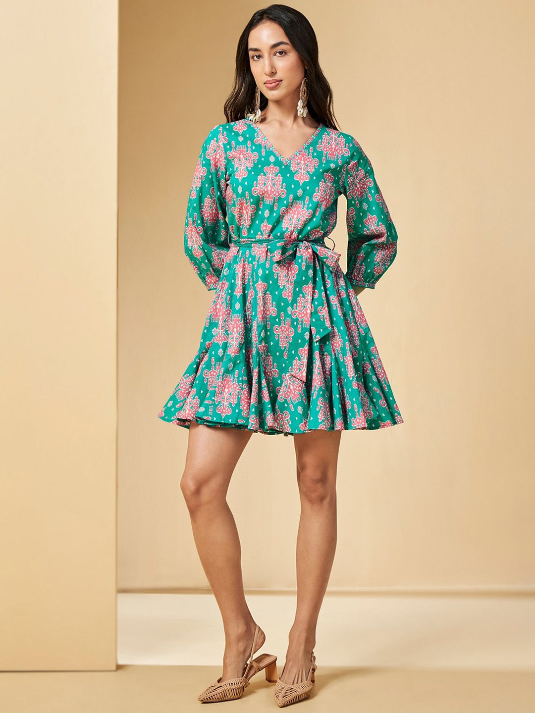 Global Desi Ethnic Motifs Printed Cuffed Sleeves Gathered Cotton Fit & Flare Ethnic Dress