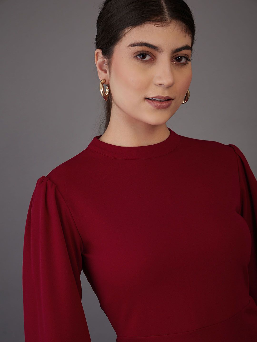 SASSAFRAS worklyf High Neck Puff Sleeves Formal Sheath Dress