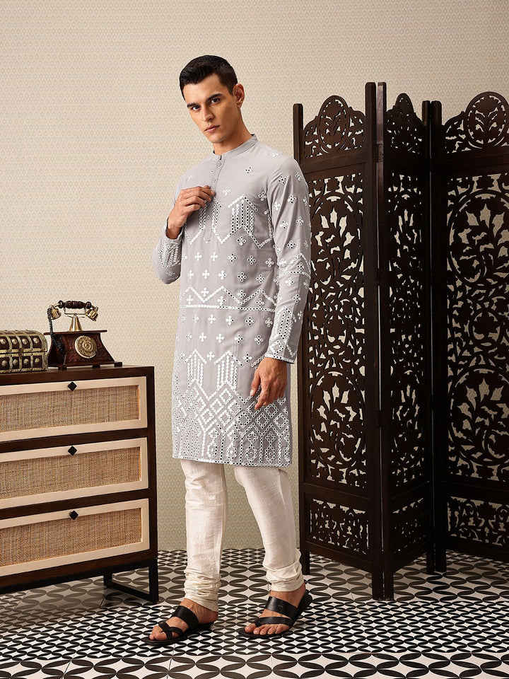 House of Pataudi Embroidered Mandarin Collar Mirror Work Jashn Kurta