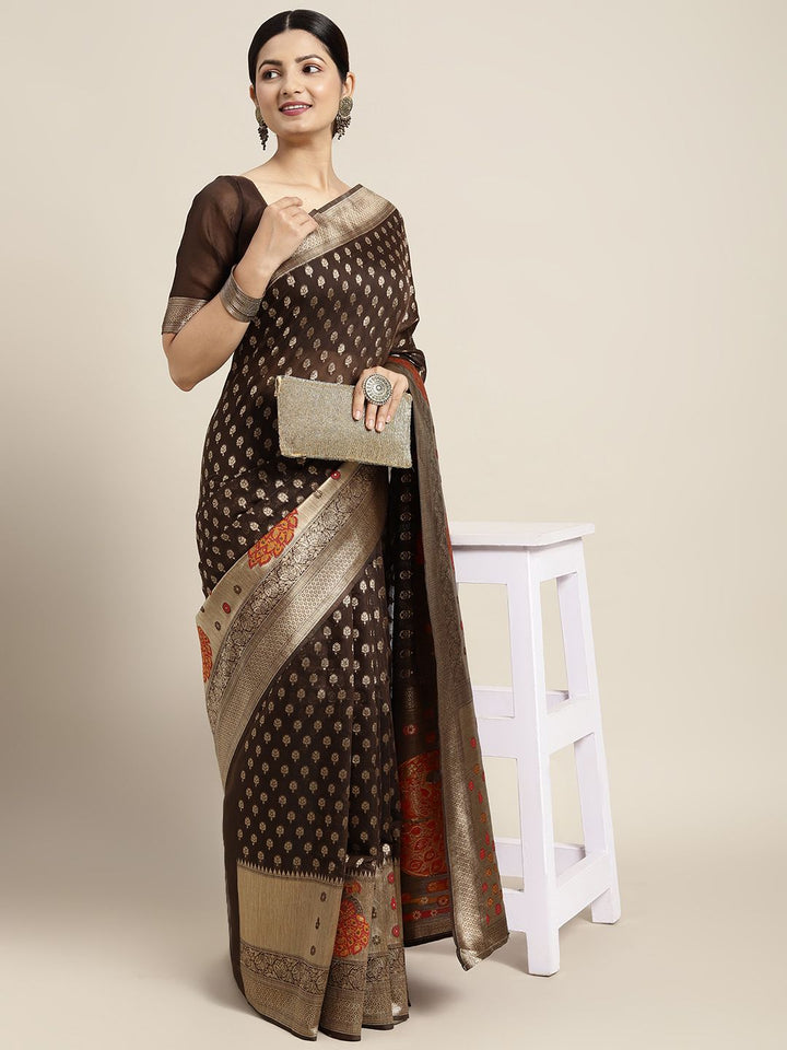 Saree mall Brown & Golden Cotton Silk Woven Design Banarasi Saree