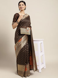 Saree mall Brown & Golden Cotton Silk Woven Design Banarasi Saree