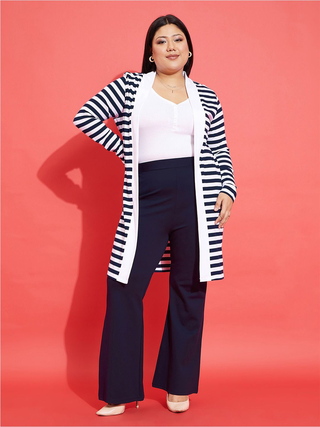 SASSAFRAS Curve Plus Size Striped Cotton Longline Open Front Shrug