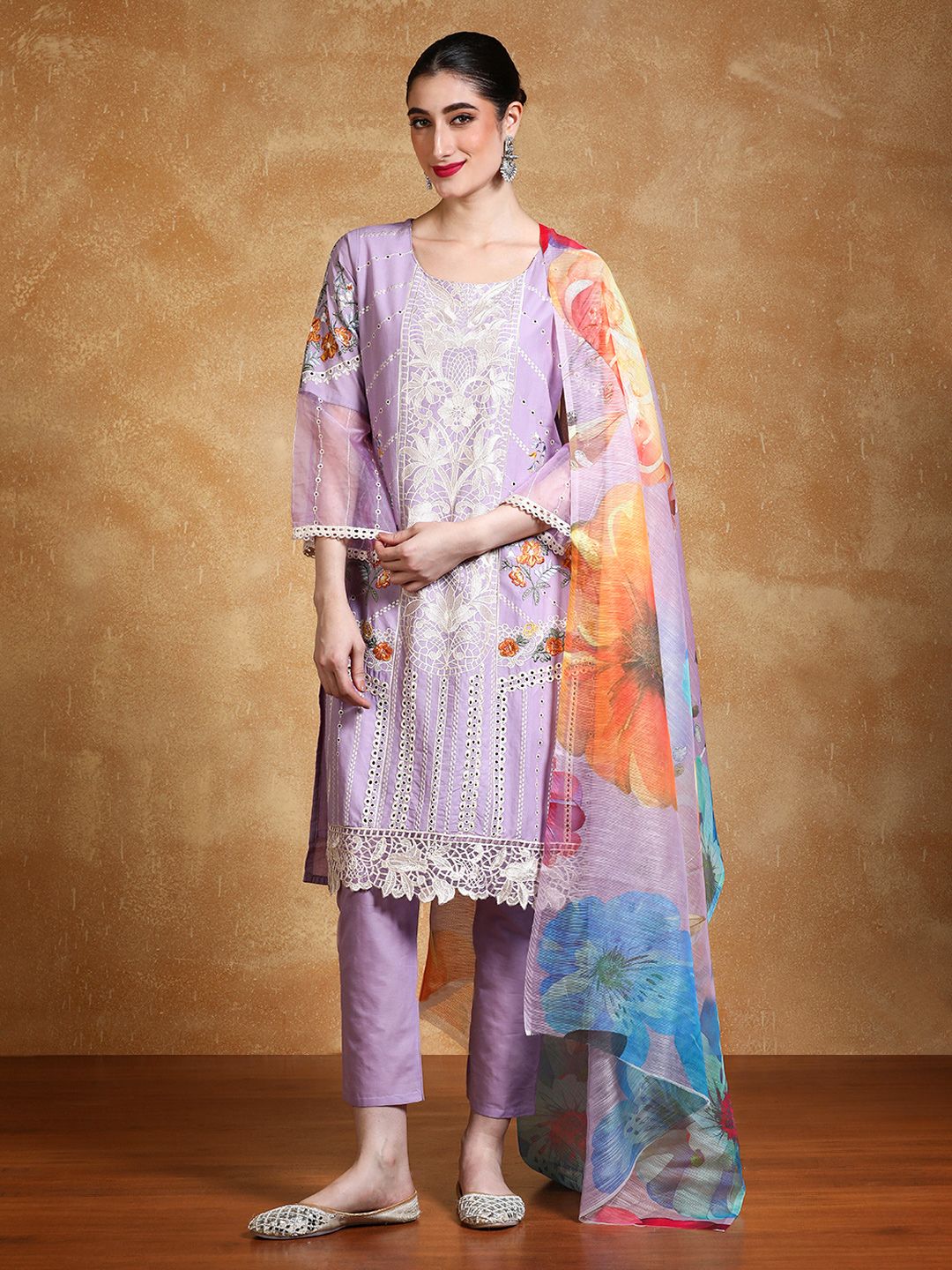 Varanga Women Floral Embroidered Cotton Kurta with Trousers & Dupatta