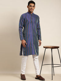 SOJANYA Men Blue Self Design Silk Blend Kurta