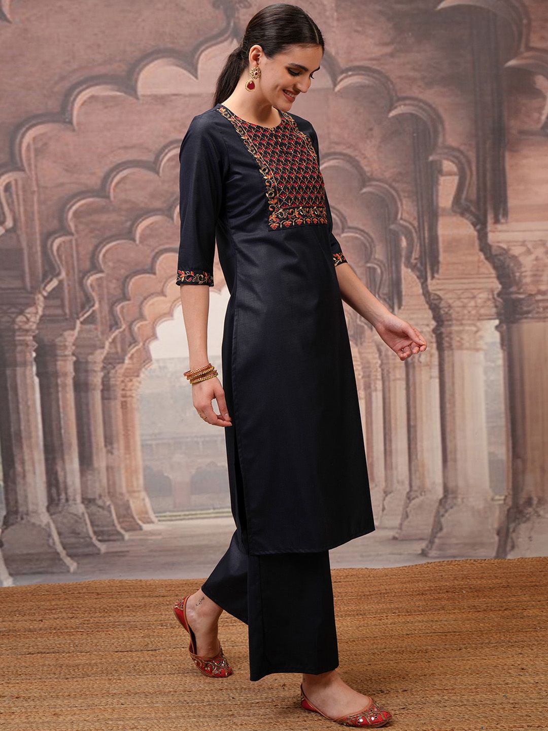 Vishudh Navy Blue Floral Embroidered Straight Kurta with Palazzo & Dupatta