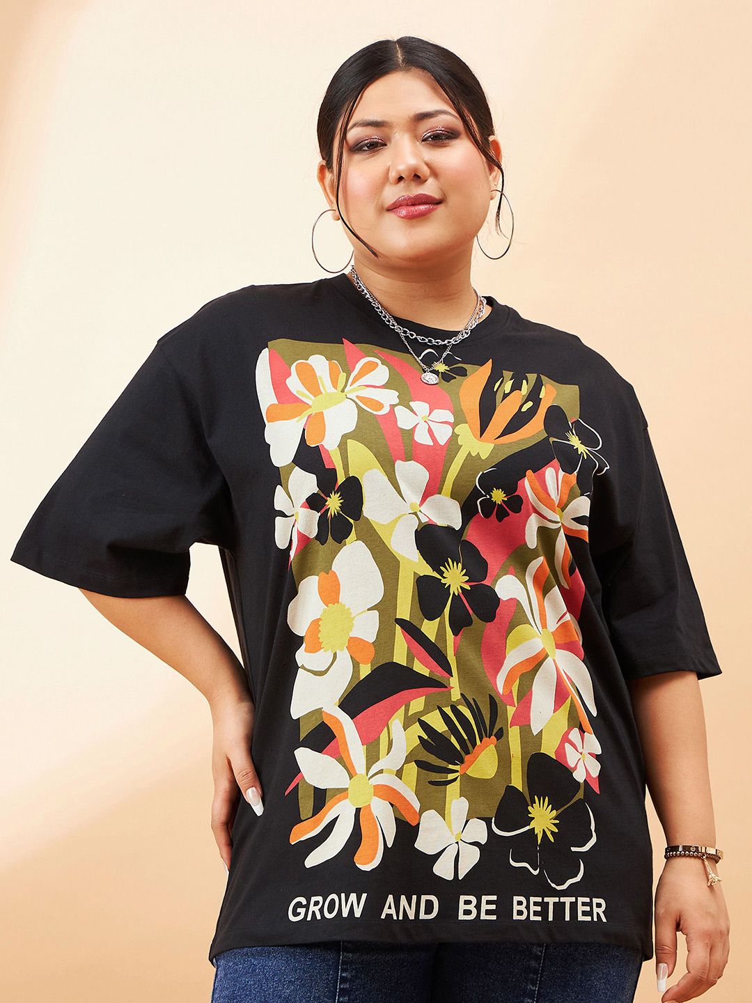 SASSAFRAS Curve Plus Size Graphic Printed Round Neck Cotton Relaxed Fit T-shirt