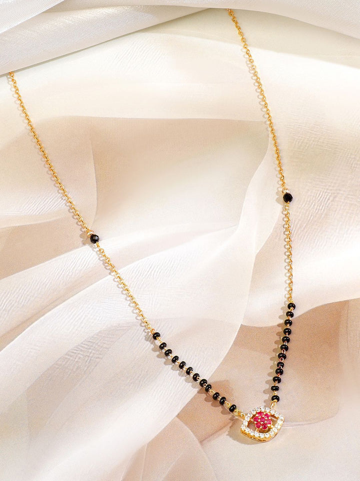 Rubans 18K Gold-Plated Ruby Pink & Cubic Zirconia Studded Black Beaded Mangalsutra Chain