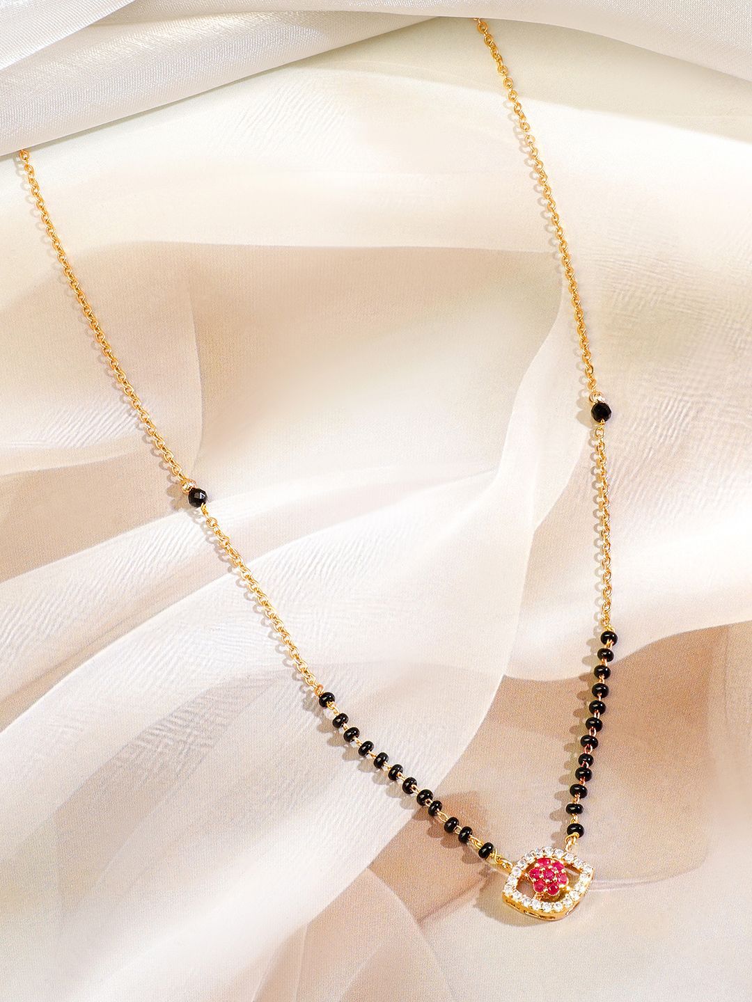 Rubans 18K Gold-Plated Ruby Pink & Cubic Zirconia Studded Black Beaded Mangalsutra Chain