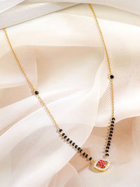 Rubans 18K Gold-Plated Ruby Pink & Cubic Zirconia Studded Black Beaded Mangalsutra Chain