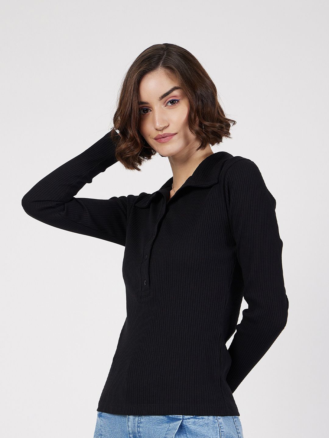 SASSAFRAS Black Ribbed Shirt Collar Fitted Top