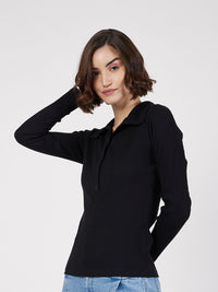 SASSAFRAS Black Ribbed Shirt Collar Fitted Top