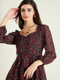 Berrylush Black Floral Printed Sweetheart Neck Layered Detailed Playsuit With Belt