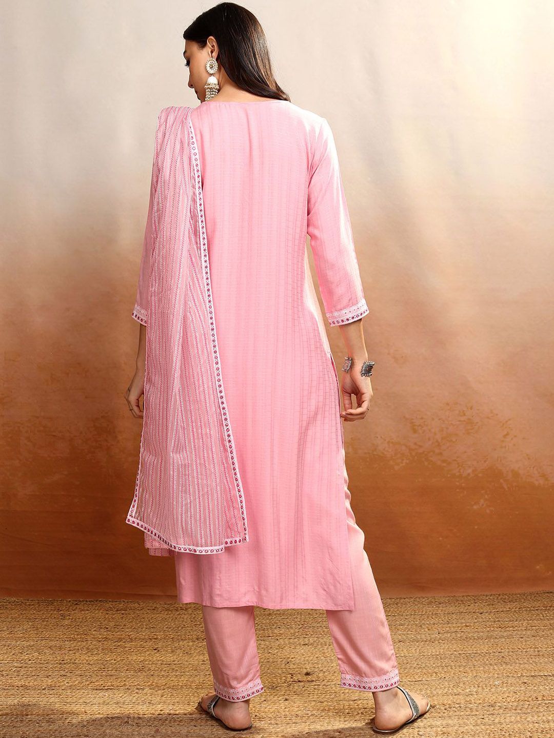 Vishudh Pink Floral Embroidered Straight Kurta with Trousers & Dupatta