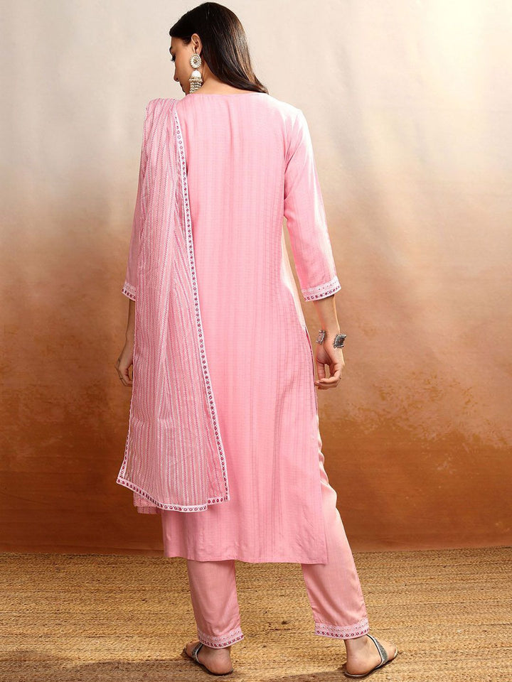 Vishudh Pink Floral Embroidered Straight Kurta with Trousers & Dupatta